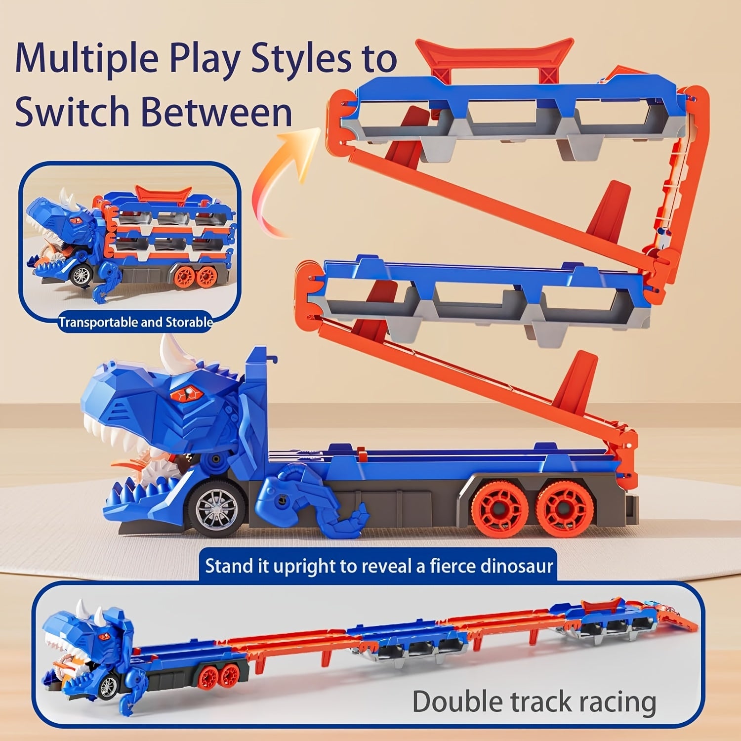 3-in-1 Dinosaur Transformer Truck Playset with 6 Mini Cars and Dual Track Racing