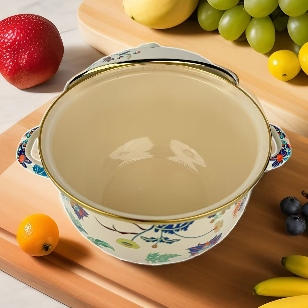 Enamel Soup Pot with Rose Ceramic Lid, Dual Handles, Dual-Tone Coating