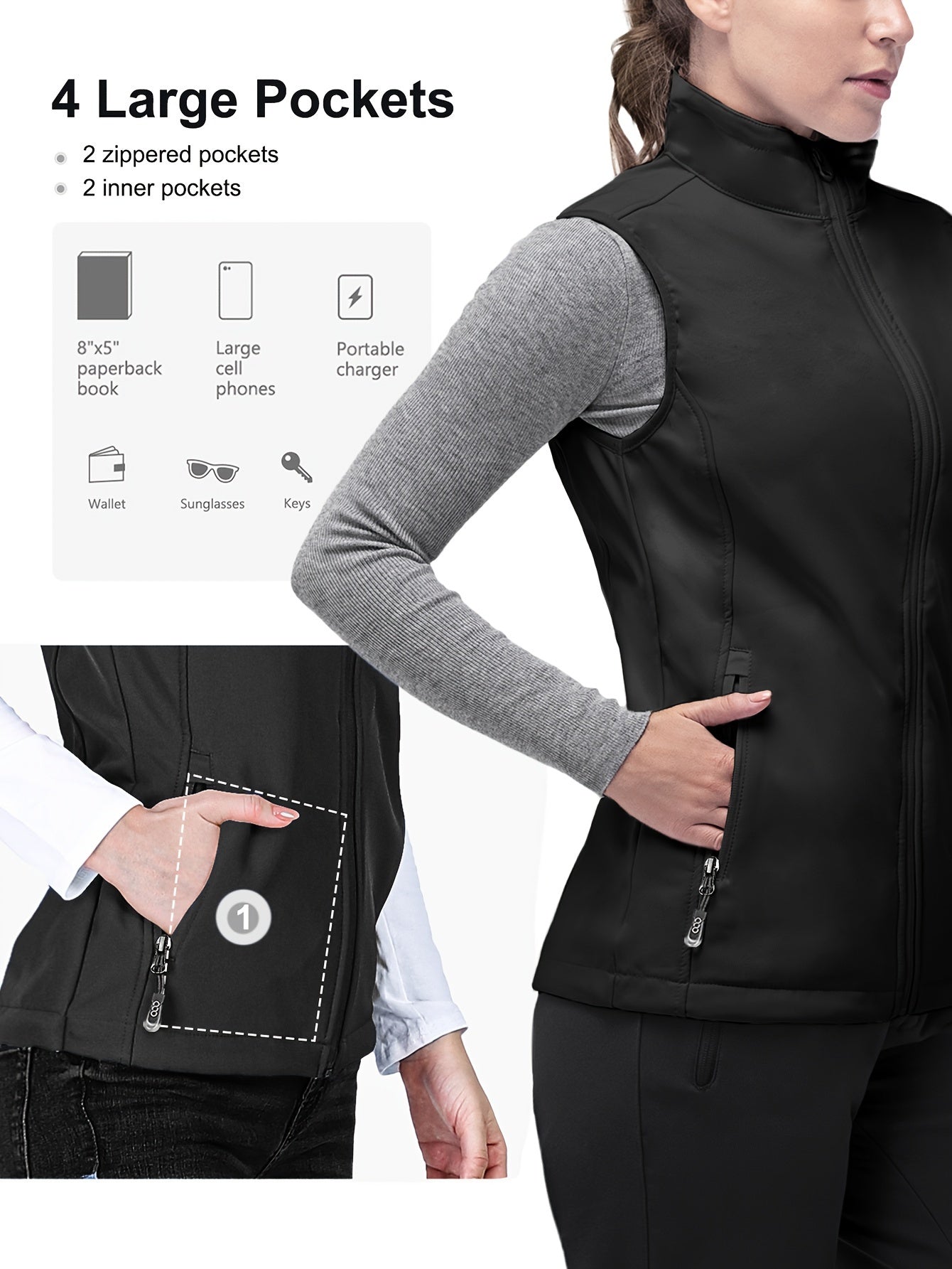 Women's Lightweight Softshell Vest Windproof Fleece Lined Zipper Pockets