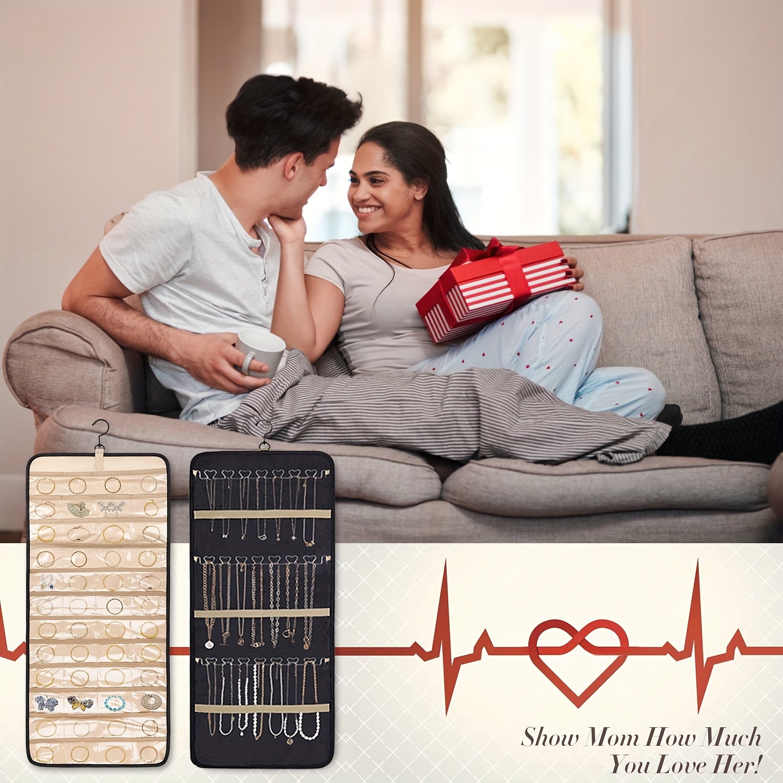 Zargarlik buyumlarini osib qo'yish uchun devorga o'rnatiladigan saqlash tashkilotchisi, uzuklar, marjonlar, marjonlar va sayohat uchun rulon bilan