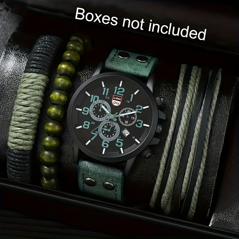 Men's Quartz Watch and Bracelets Set with Round Calendar Dial and Leather Straps