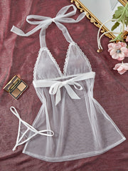 Conjunto de lencería para mujer de malla con vestido de cuello halter y tanga