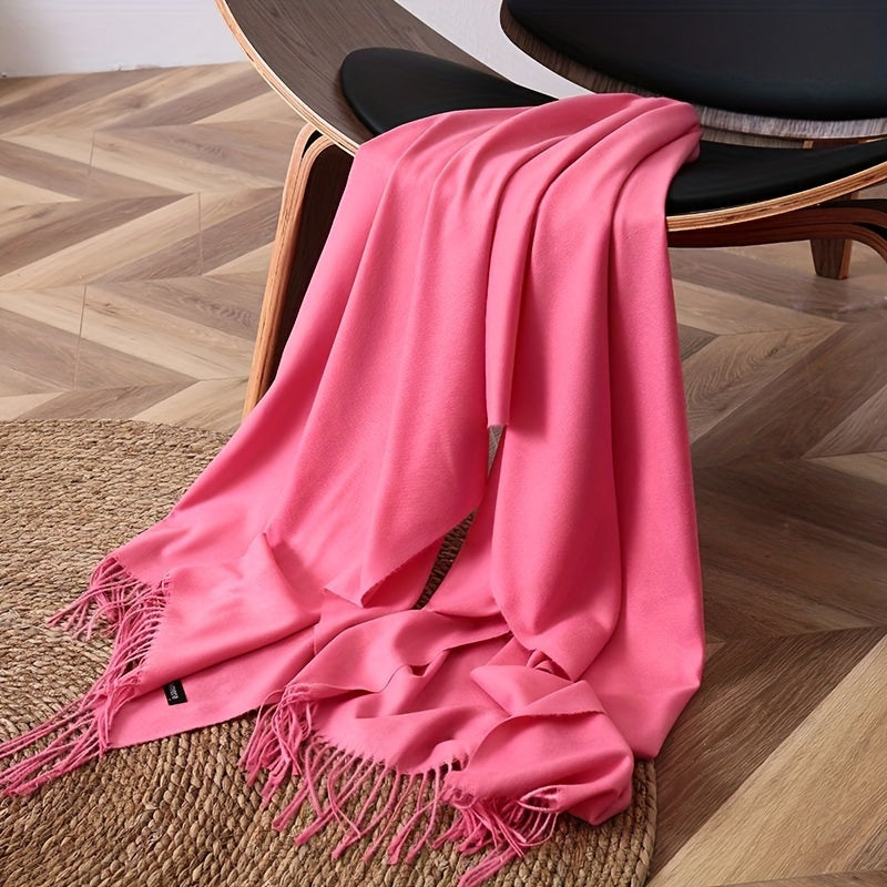 Unisex Solid Color Tassel Scarf Cashmere Feel Large Block Design Versatile Wrap