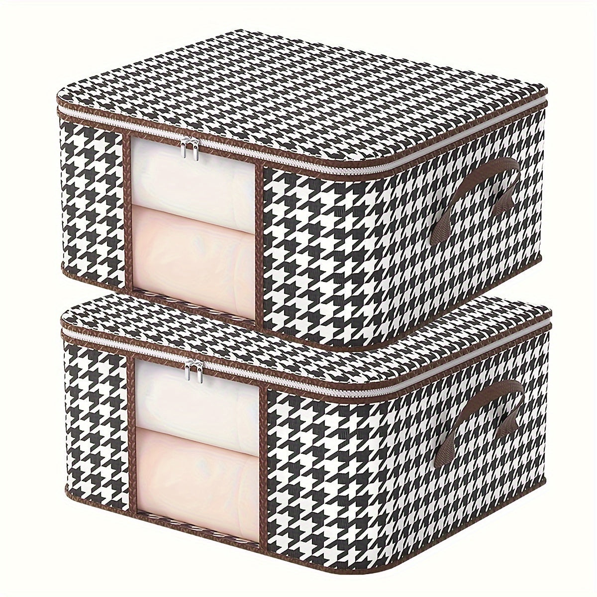 Houndstooth Pattern Clothes Storage Bag with Transparent Window Non-Woven Foldable Dustproof Organizer