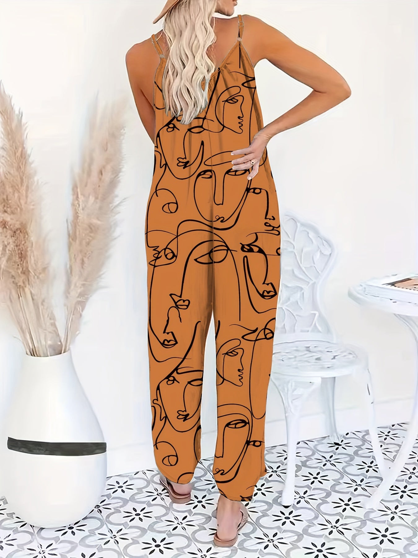 Plus Size Abstract Print Wide Leg Sleeveless Jumpsuit Casual Women's Clothing