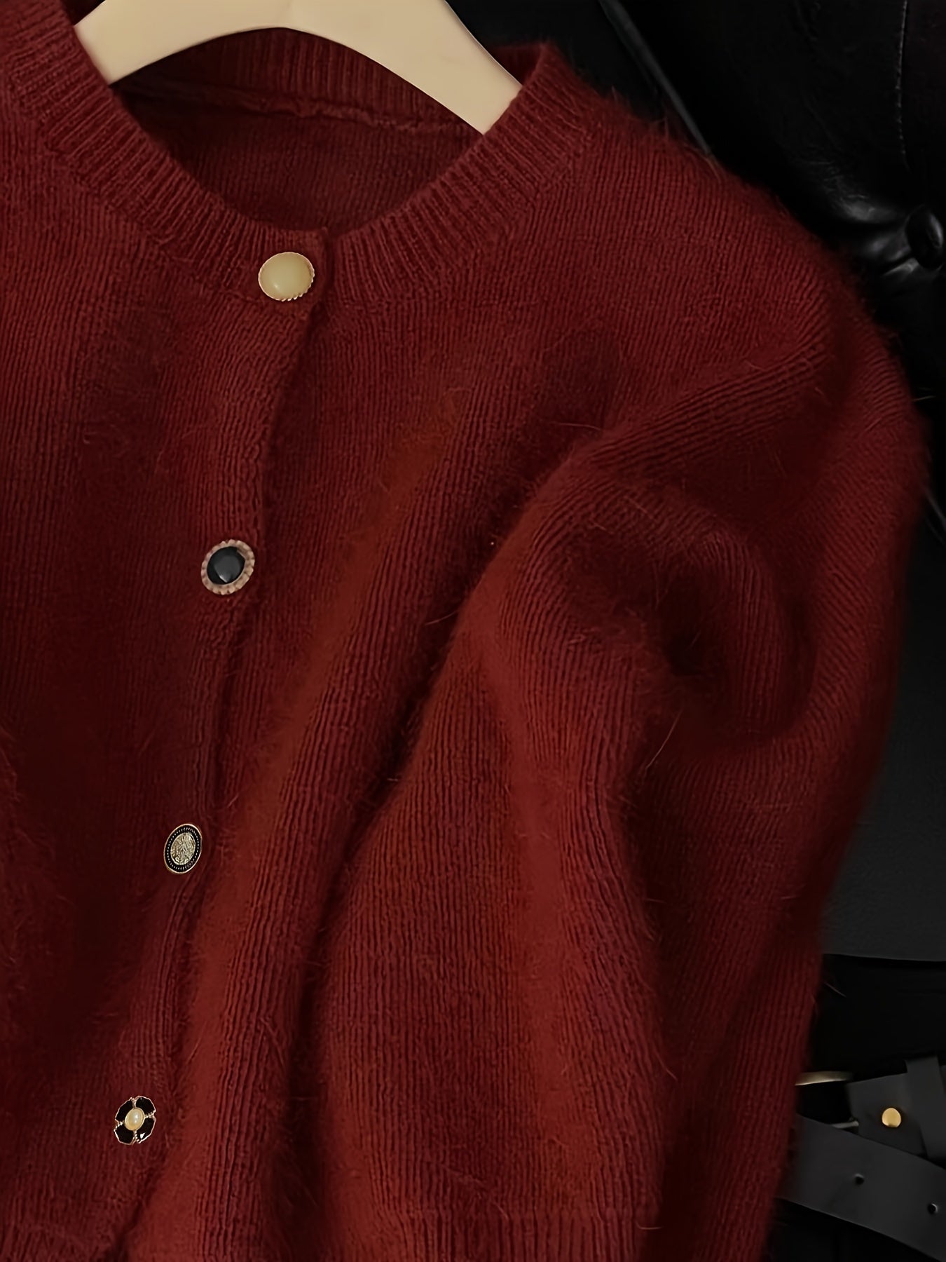 Women's Red Knit Cardigan Cozy Thick Sweater with Round Neck and Button-Up Design