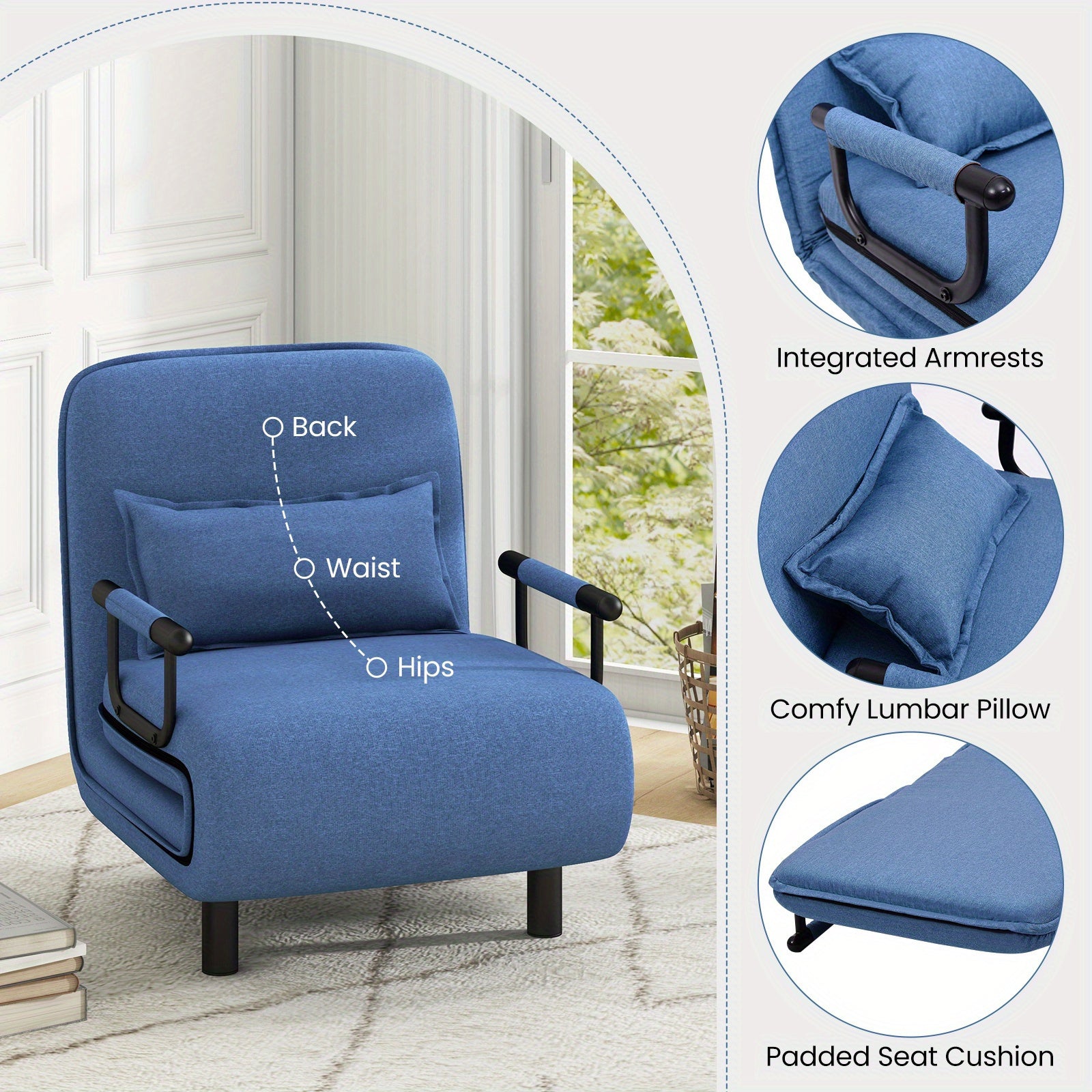 Convertible Sleeper Chair with 5 Adjustable Backrests and Lumbar Pillows Blue