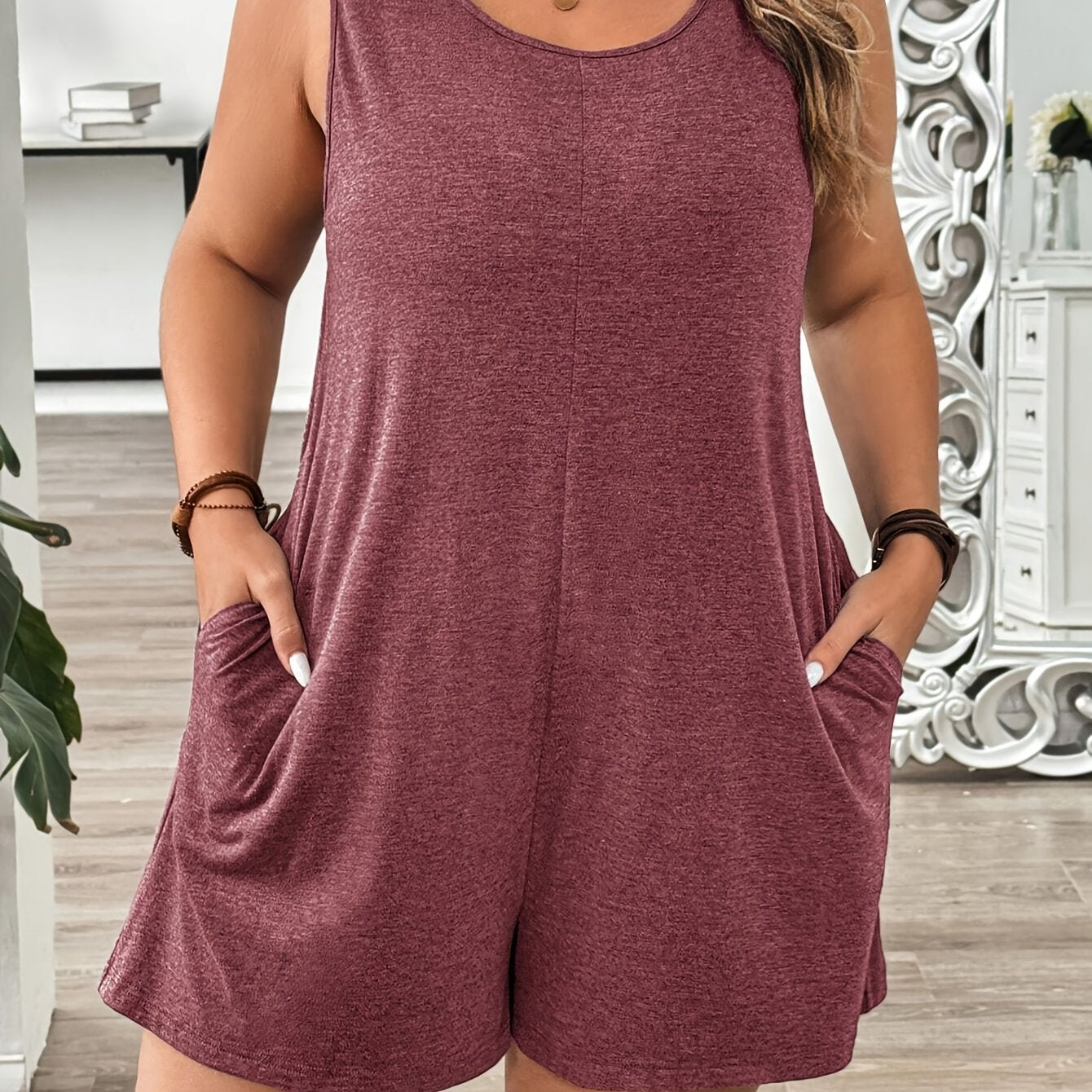 Mono sin mangas para mujer talla grande gris de cintura alta, casual, verano transpirable