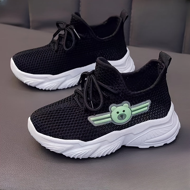 Kids' Pink Knit Sneakers with Cartoon Bear Design Non-Slip Rubber Sole Lace-Up