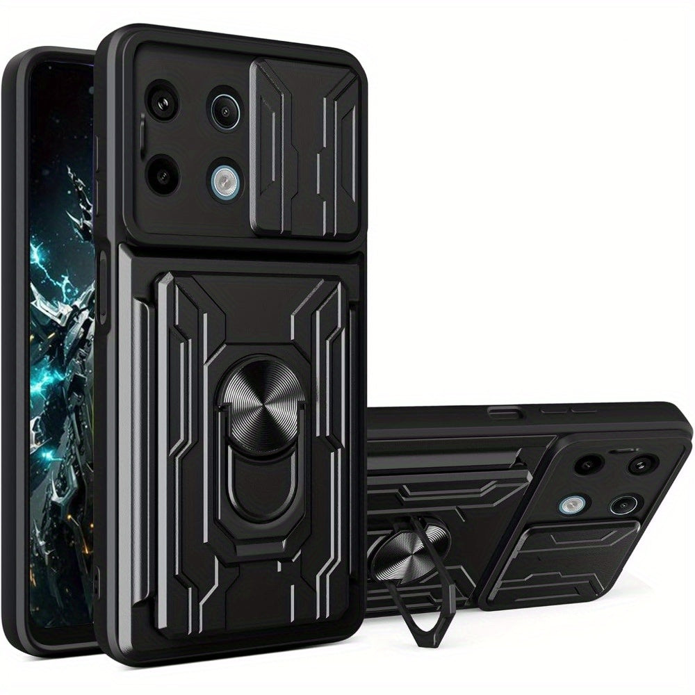 Black PC Phone Case for Xiaomi Redmi Note 13 with Card Holder Camera Cover and Kickstand
