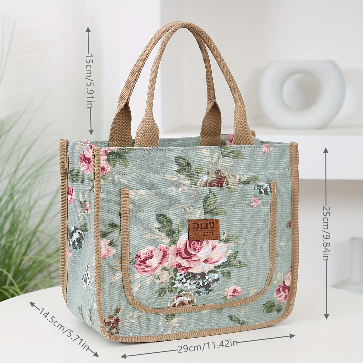 Floral Print Canvas Tote Bag with Zipper Closure and Fixed Shoulder Straps for Daily Commute Black Beige Green