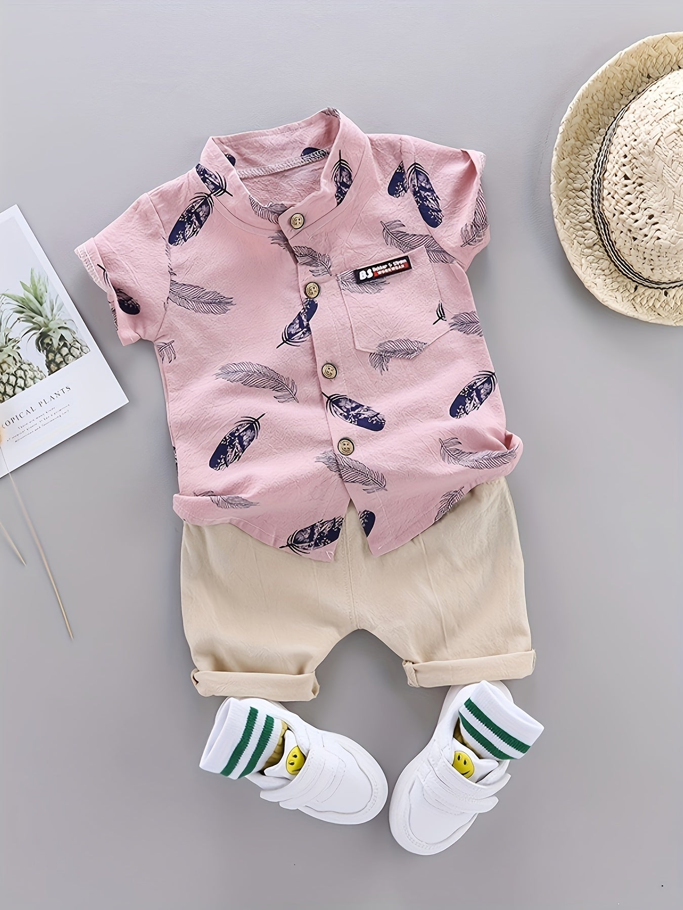 Baby Boys' Summer Cotton Casual Feather Pattern Shirt and Shorts Set
