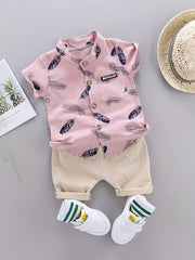Baby Boys' Summer Cotton Casual Feather Pattern Shirt and Shorts Set