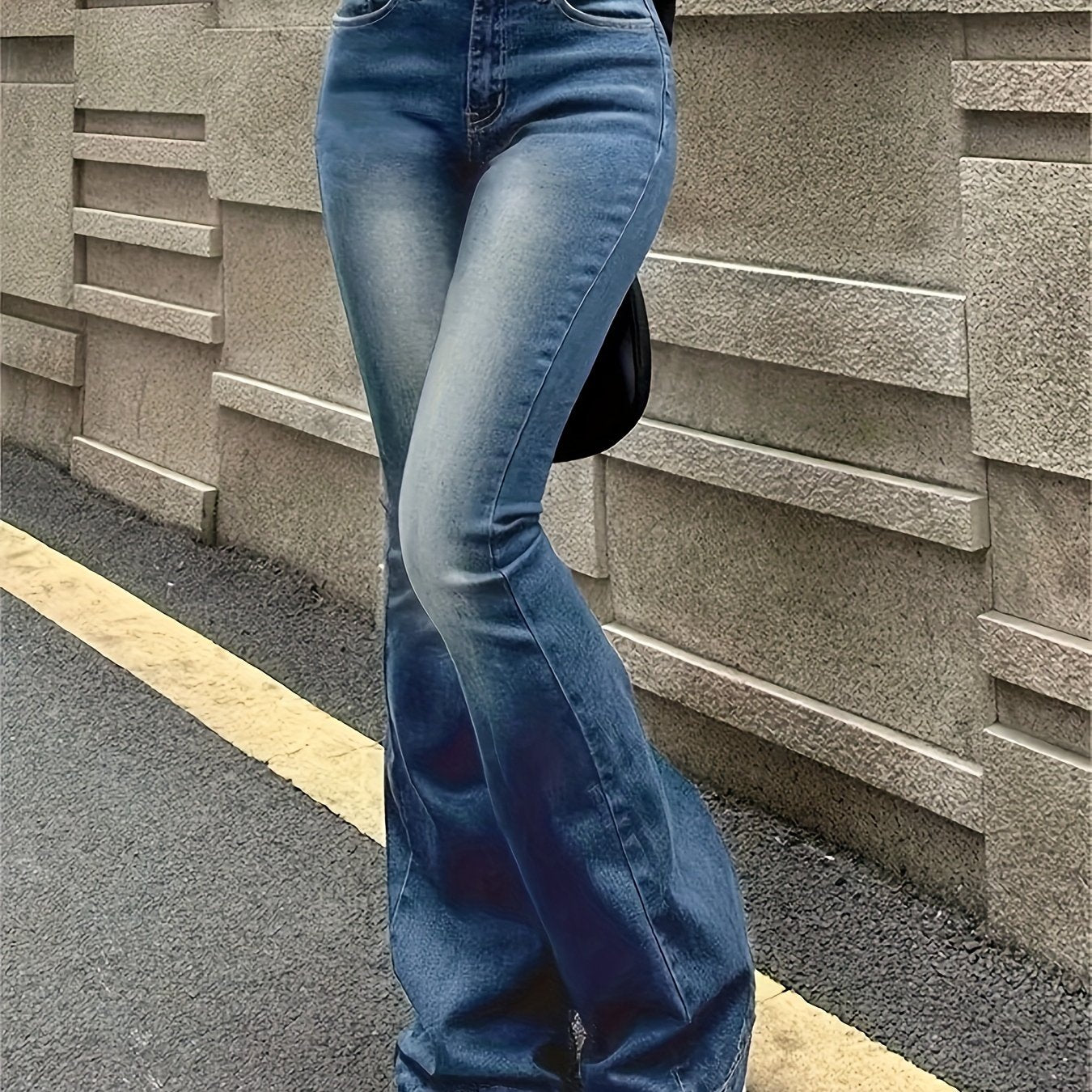 Women's Mid-Rise Flare Jeans with Retro Washed Finish Denim Casual All-Season