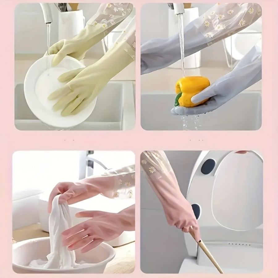 "Daisy Pattern Waterproof PVC Cleaning Gloves - Non-Slip, Alcohol-Free, Versatile for Kitchen, Bathroom, Laundry & Household Tasks, Features Floral Design in Pink - Ideal for Bathroom Cleaning"