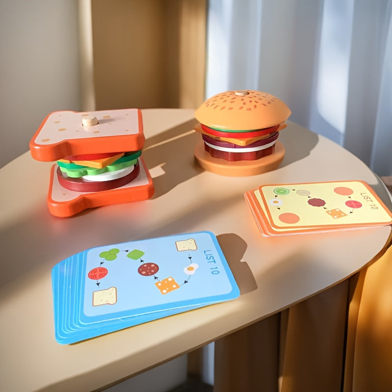 Kids Wooden Pretend Food Set for Kids Kitchen Play with Sandwich and Hamburger Toys