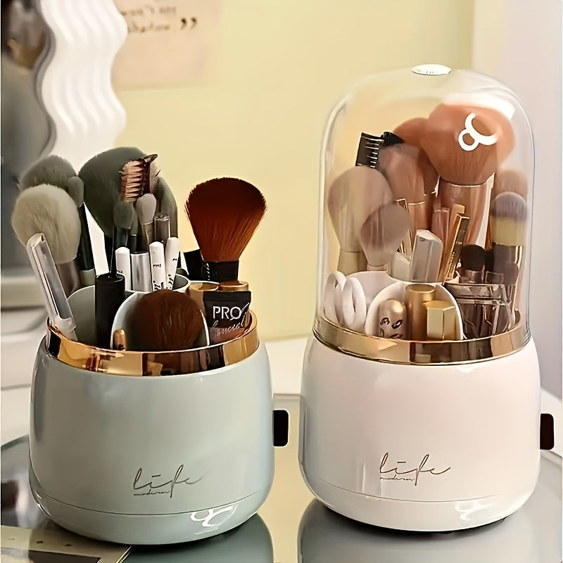 360-Degree Rotating Makeup Organizer Dustproof Compartments for Brushes Lipsticks Eyebrow Pencils