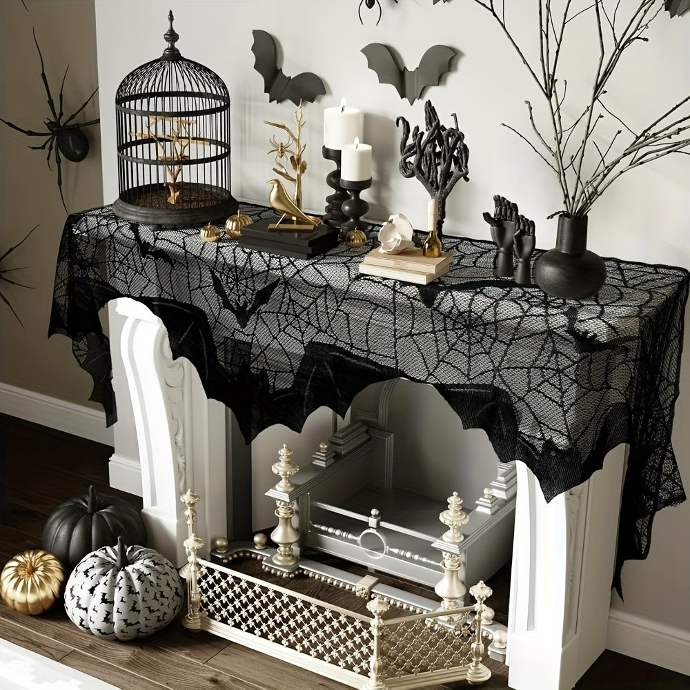 Black Lace Fireplace Scarf with Spiderweb Design, 50.8x200.66 cm, Halloween Decor
