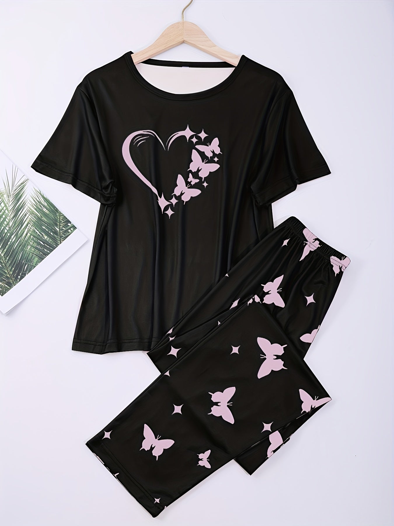 Women's Knit Pajama Set with Heart and Butterfly Pattern Polyester Elastane Sleepwear for Spring Summer Fall