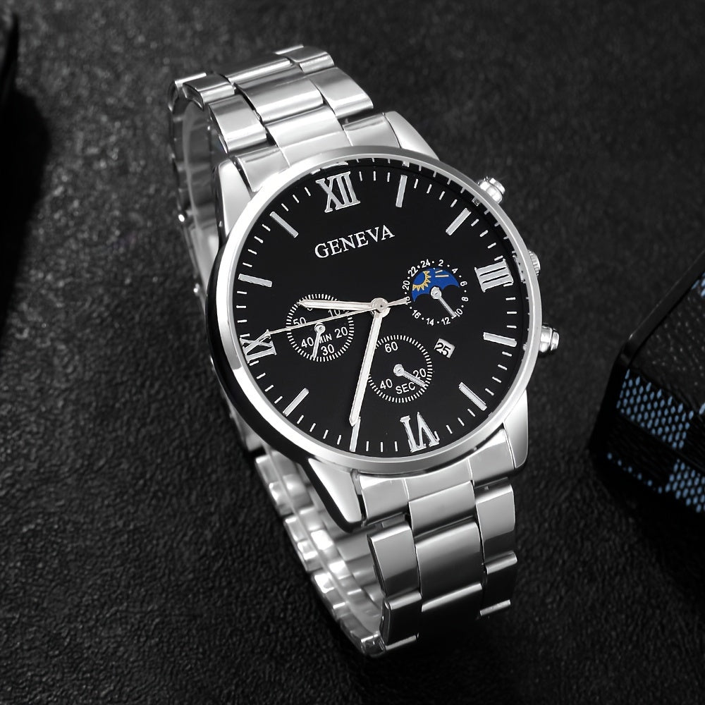 Men's Casual Watch and Jewelry Set with Silver Quartz Watch Cross Pendant Necklace Ring Bracelet