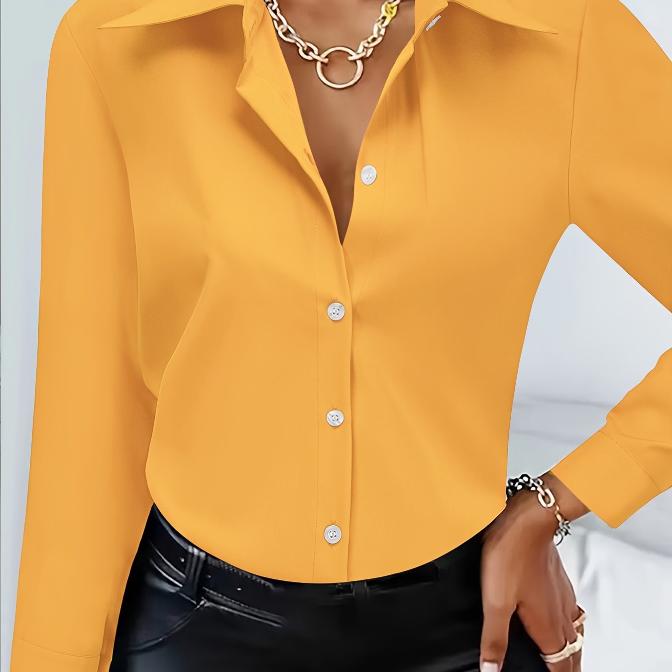 Women's Black Long Sleeve Button-Up Shirt Polyester Casual Office Wear