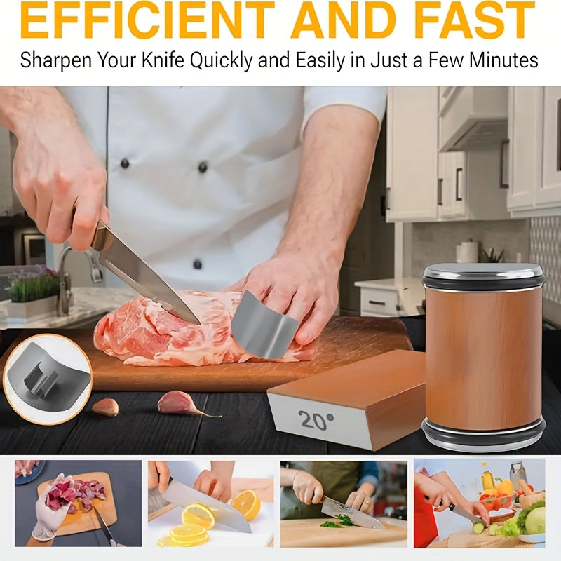 Magnetic Diamond Knife Sharpener with Aluminum Kitchen Tool, 15/20 Degree Angle, Wooden Base