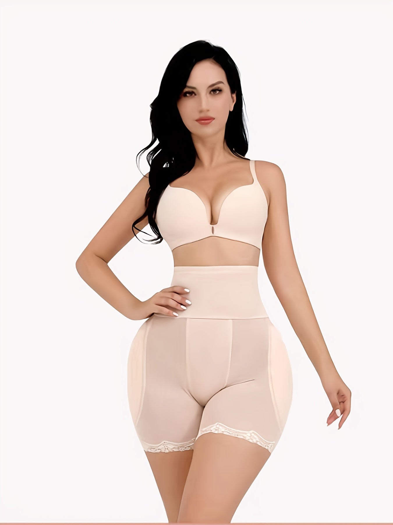 Beige High-Waist Shaping Shorts for Tummy Control and Thigh Slimming with Mesh Detailing