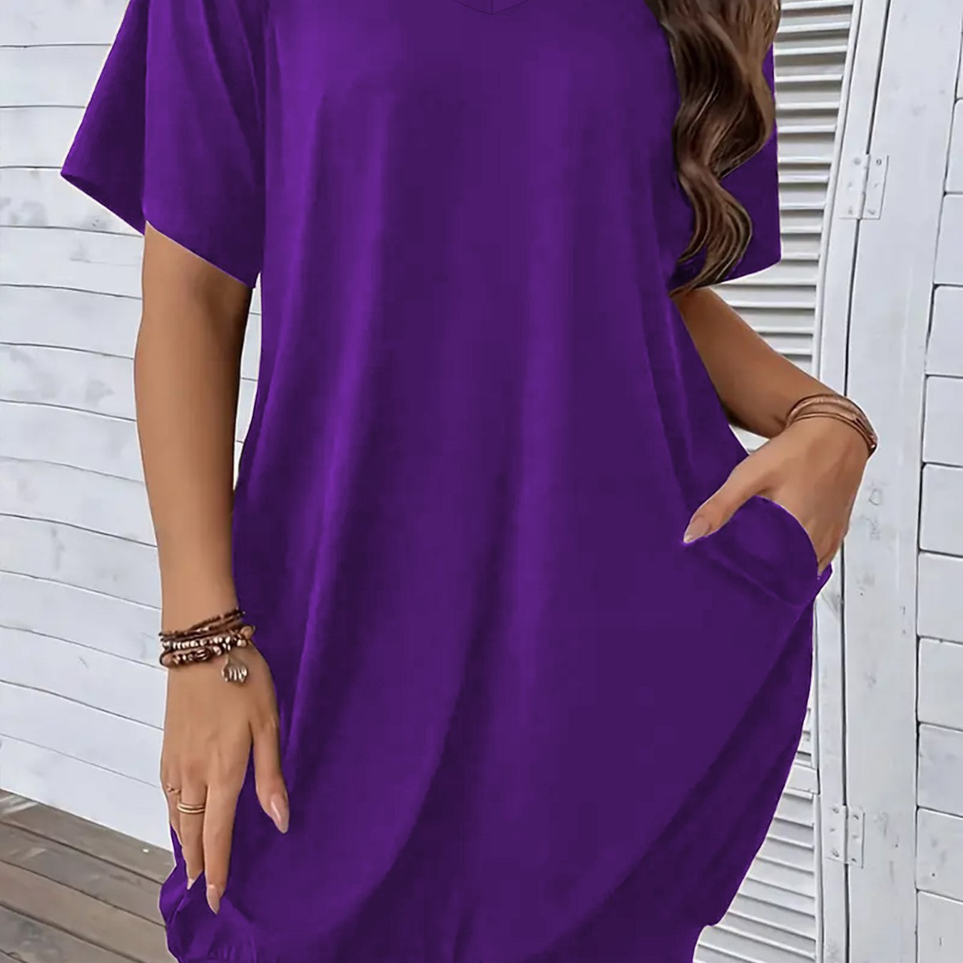 Plus Size Women's V-Neck T-Shirt Dress with Pockets Short Sleeve Casual Spring Summer Fall
