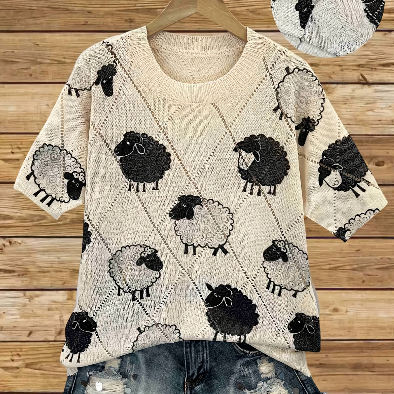 Women's Short Sleeve Sweater with Sheep Print Light Beige Oversized Casual Top