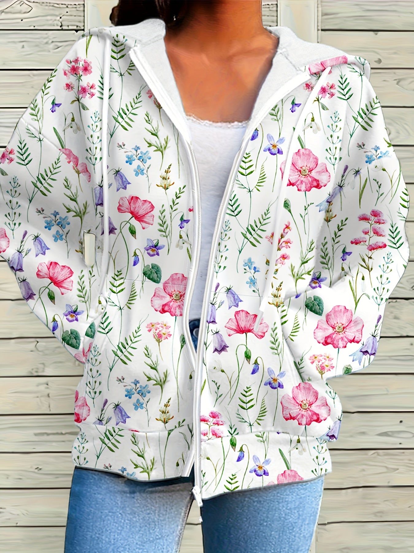 Women's Floral Print Zip-Up Hoodie Casual Loose Fit Sweatshirt with Pockets