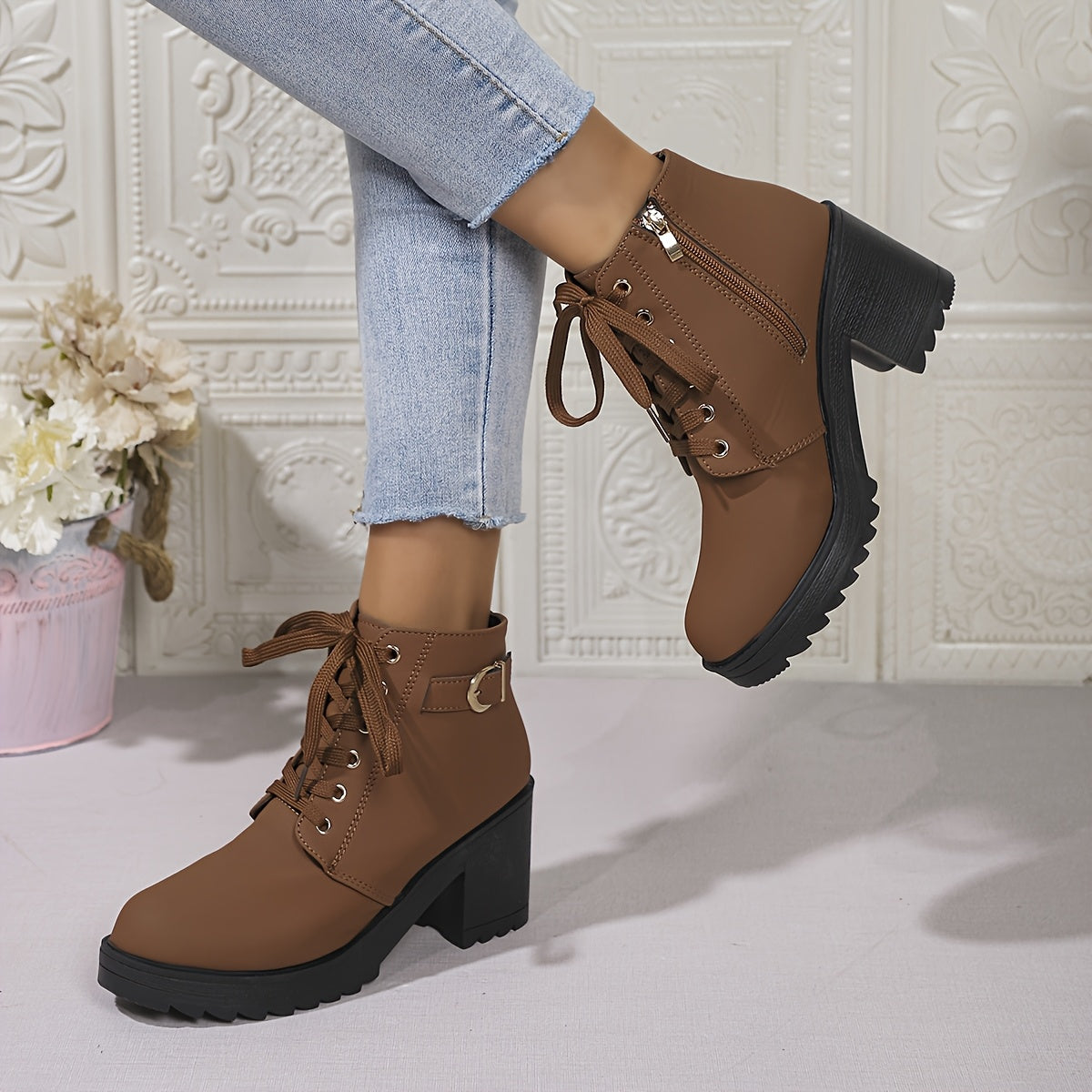 Women's Copper Plated High Heels with Buckle Decor and Thick Sole