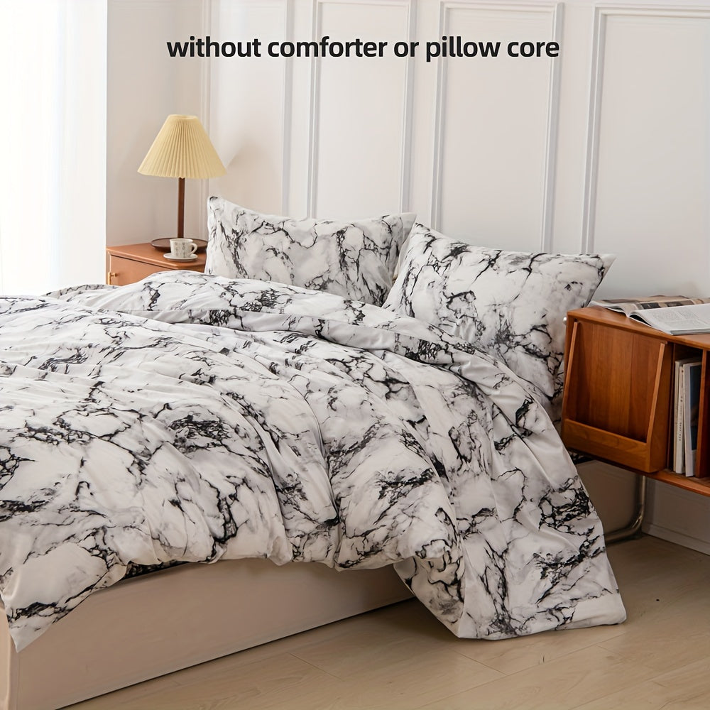 Black and White Marble Print Bedding Set 3 Piece Polyester Duvet Cover and Pillowcases