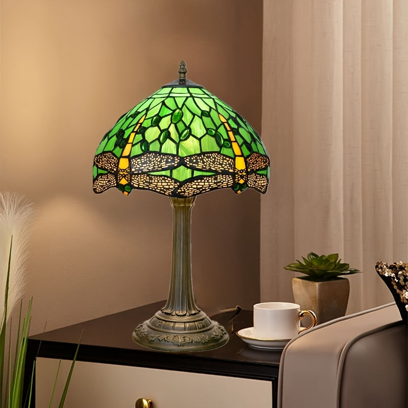 12-Inch Glass Desk Lamp with Green Dragonfly Pagoda Shade and Antique Metal Finish