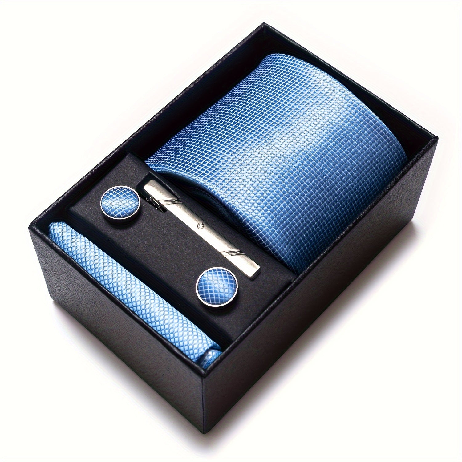 Men's Solid Color Tie Set with Square Cufflinks Gift Box for Wedding Business and Holiday