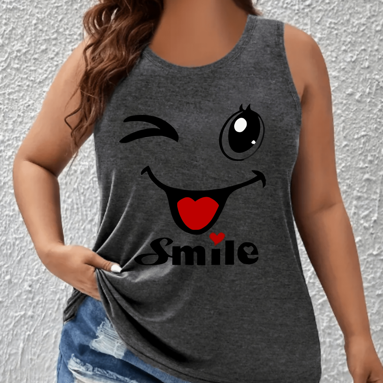 Plus Size Women's Cotton Tank Top Smile Graphic Sleeveless Shirt Summer Casual