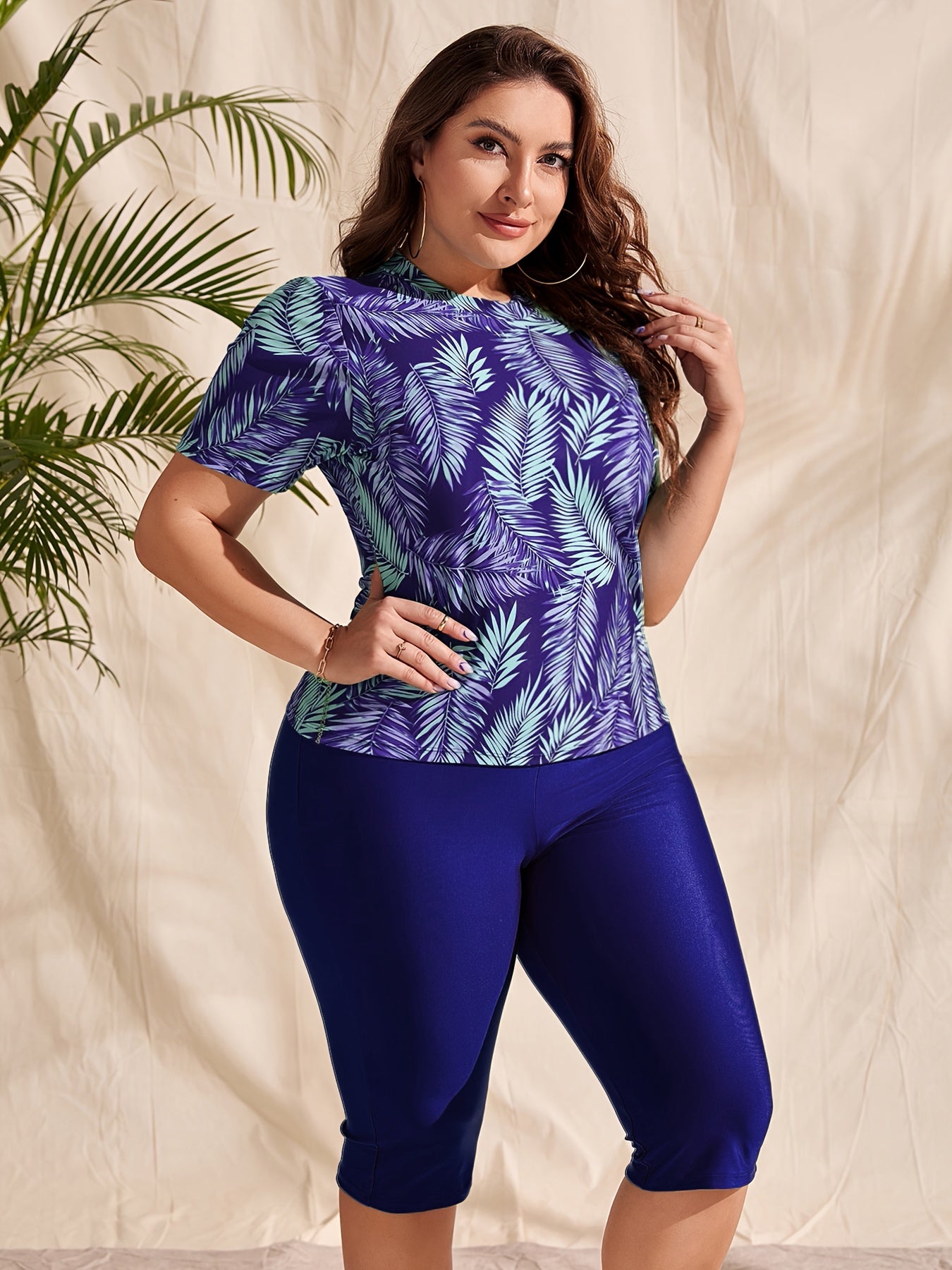 Women's Plus Size Modest Printed Tankini Swimsuit Set with Cover-Up