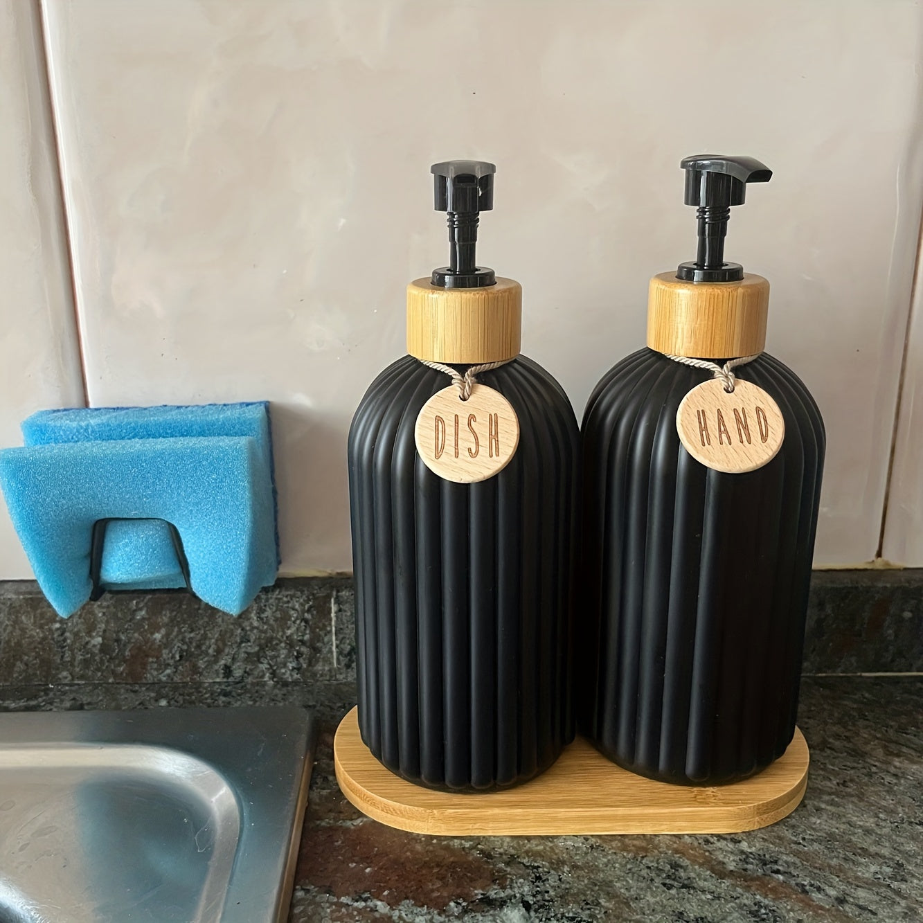 Black Kitchen Soap Dispenser Set with Tags for Countertop Storage