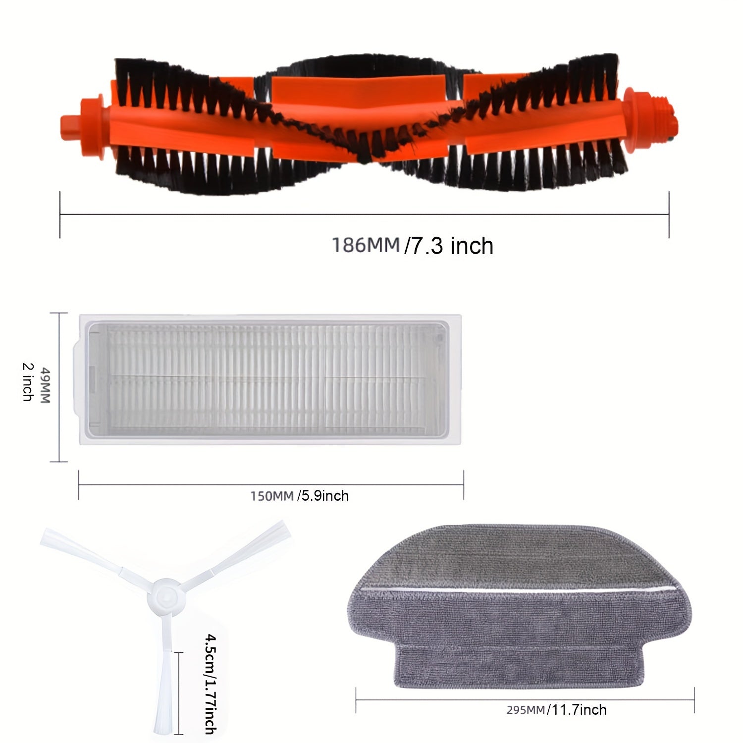 Xiaomi Robot Vacuum S10 S12 B106GL uchun aksessuarlar to'plami asosiy yon cho'tka, filtr va mopa mato kiradi.