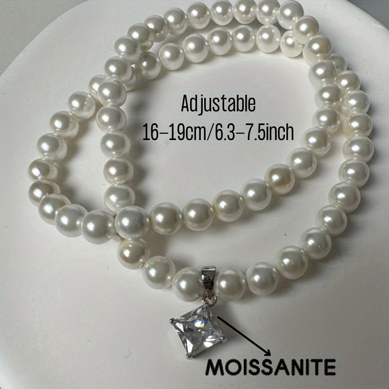 Princess Cut Pendant Necklace with Natural Pearl Beads and Moissanite in Sterling Silver and Gold Plating