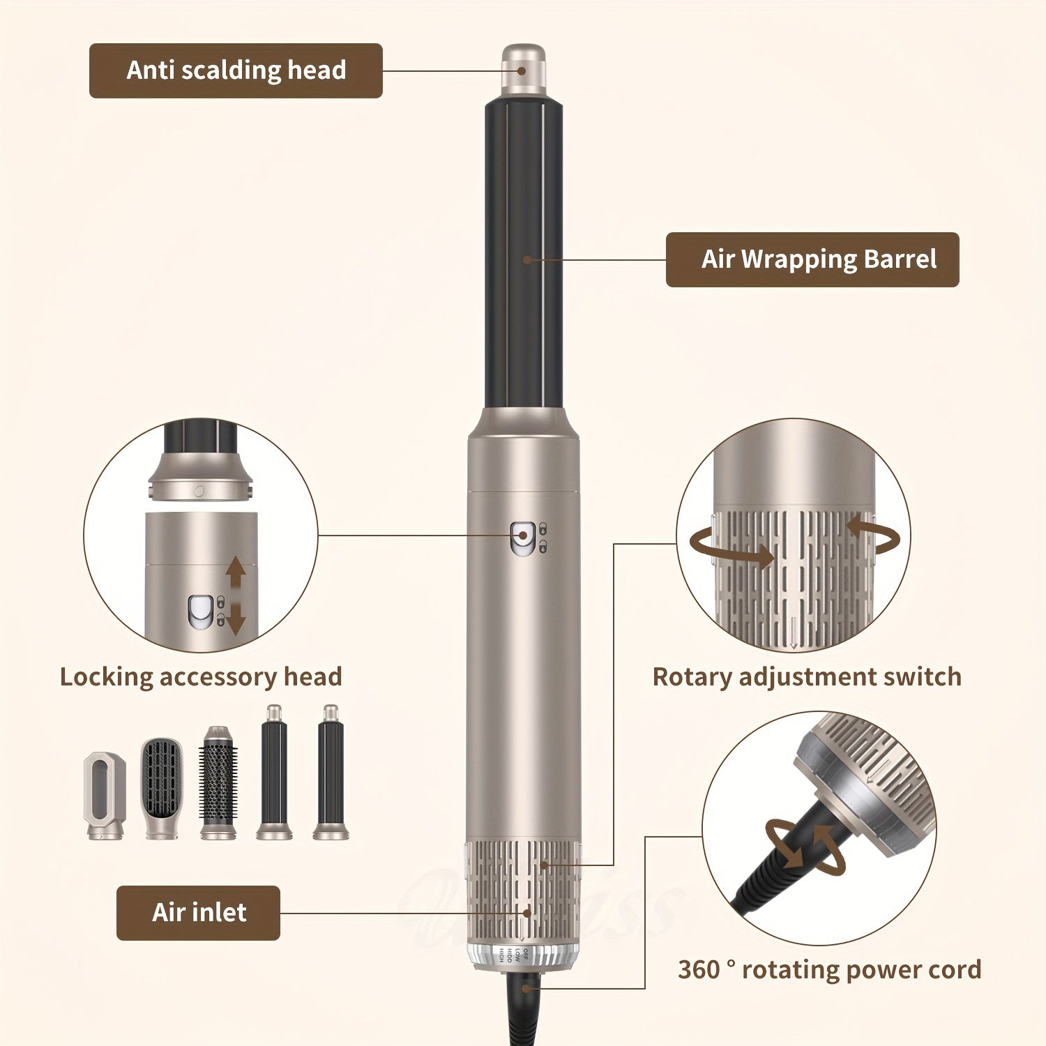 5 в 1 Устройство для укладки волос: фен-щетка 900 Вт с отсоединяемым щипцами для завивки и технологией отрицательных ионов