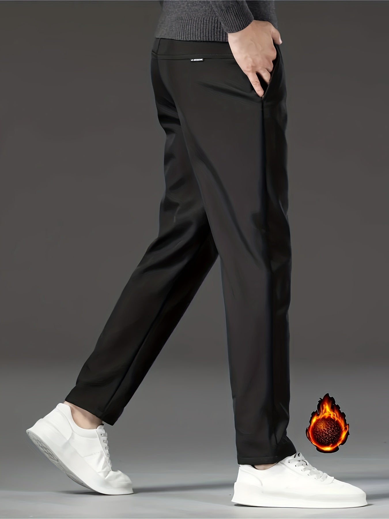 Men's Fleece Lined Windproof Executive Trousers for Fall Winter with Elastic Waist