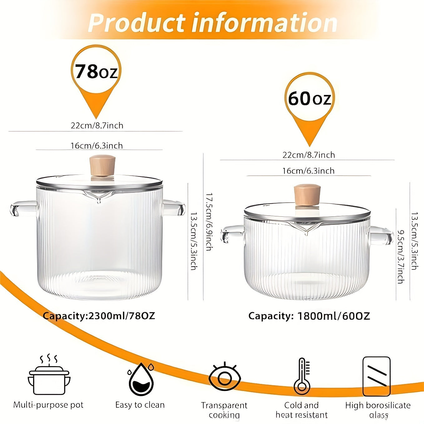 Retro uslubidagi ribbed shisha qozon, katta sig'imli, tekis pastki va issiqqa chidamli borosilikat materialdan - oshxonada sho'rva tayyorlash, sut qaynatish, bolalar ovqatini tayyorlash va makaron pishirish uchun ideal.