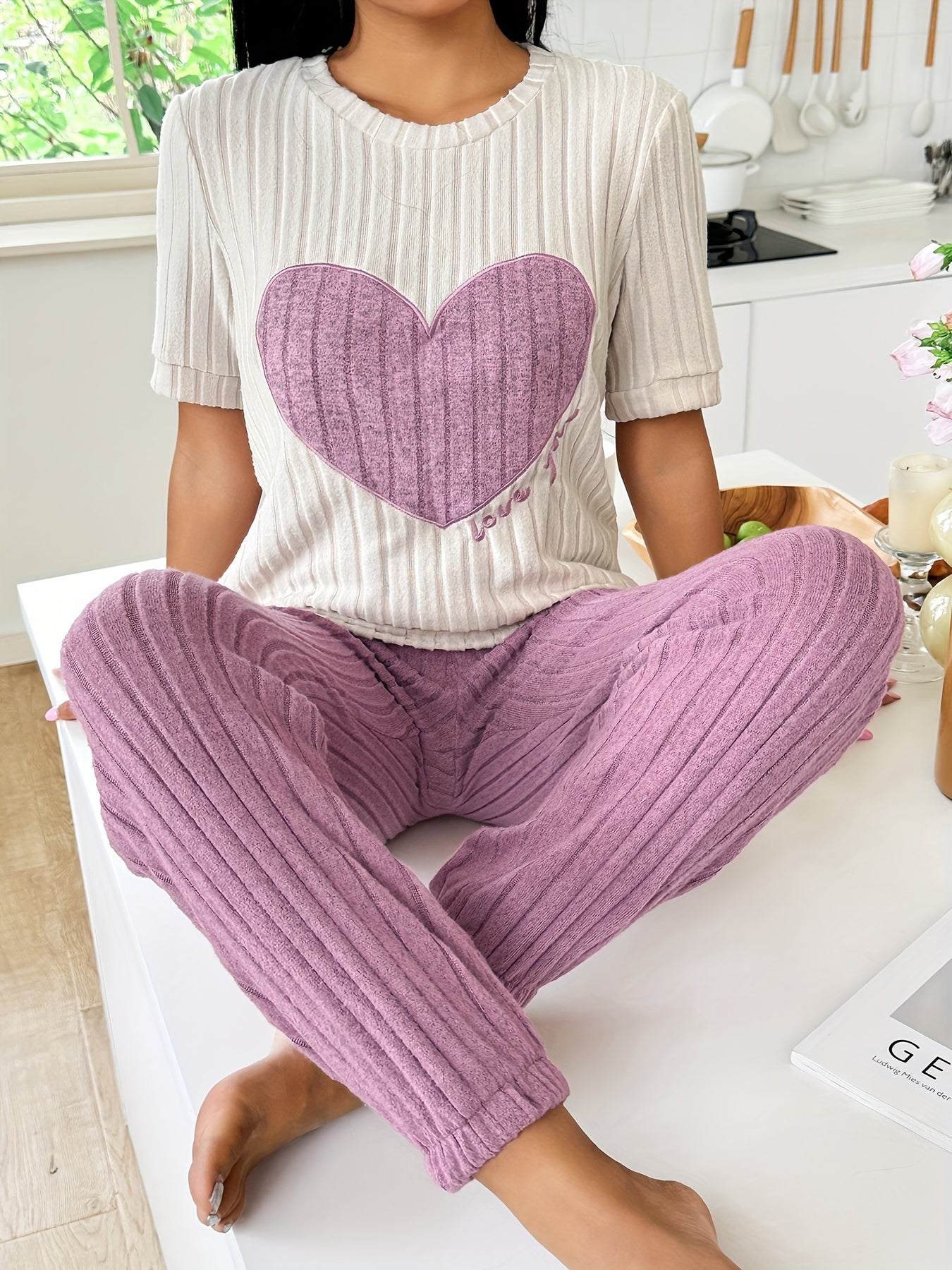 Women's Heart and Letter Print Pajama Set with Short Sleeve Top and Joggers for Summer Nightwear