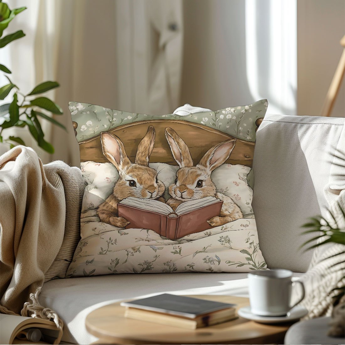Easter Cartoon Rabbit Storybook Sofa Throw Pillow Cover 45x45cm Peach Skin Fabric