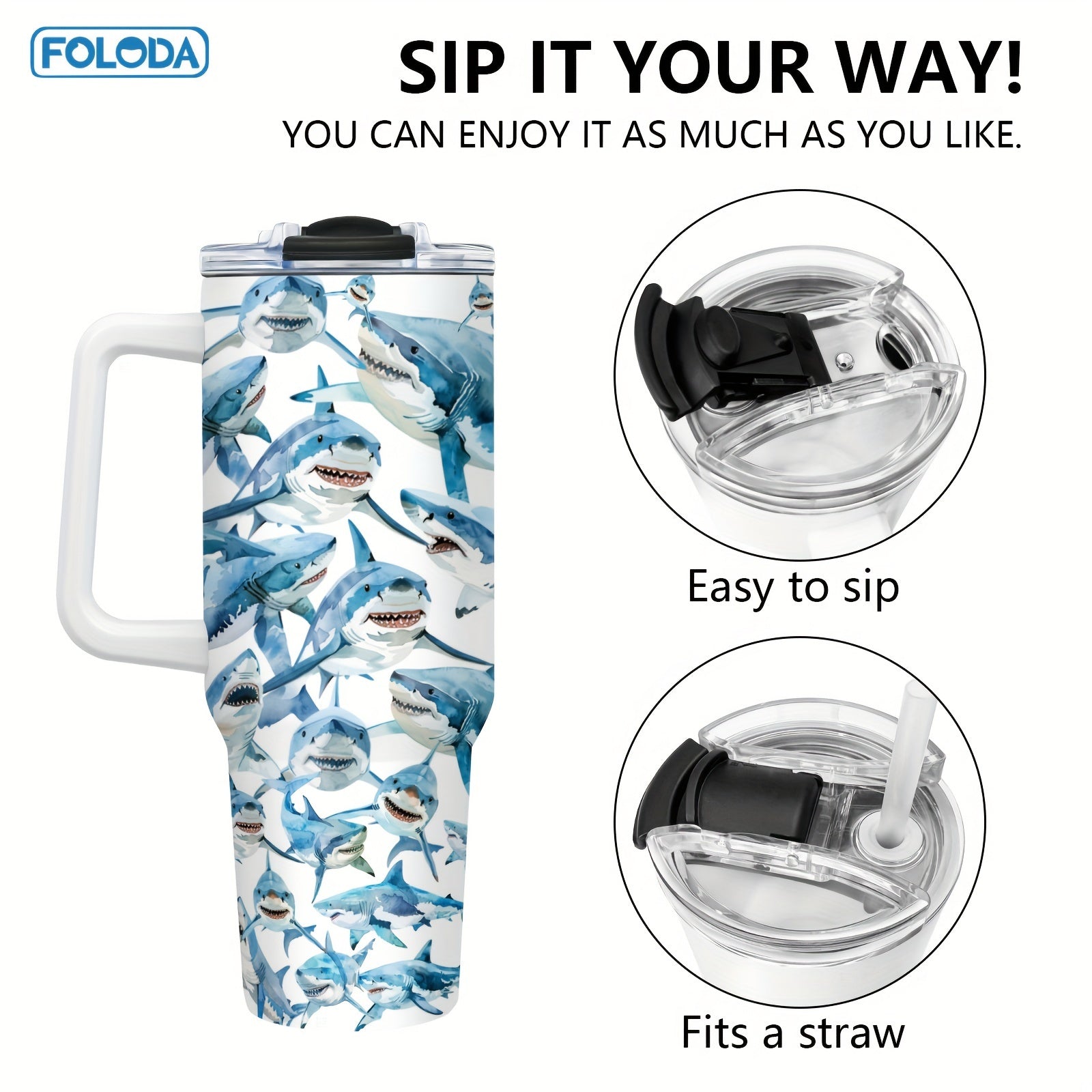 40oz Insulated Stainless Steel Tumbler with Handle Blue Shark Design for Outdoor Use