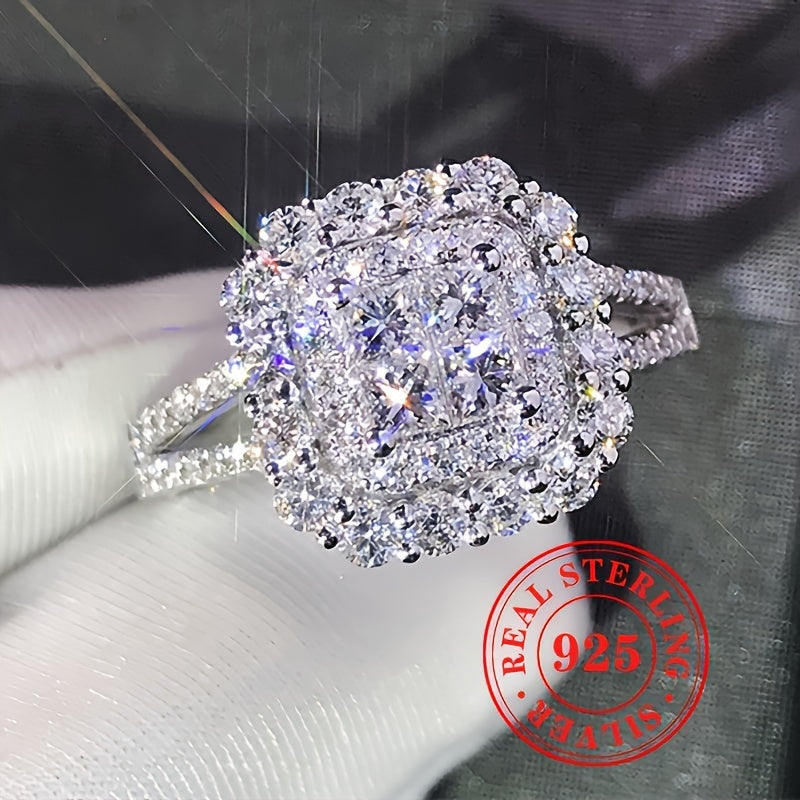 Ayollar uchun nozik to'y taklifi kelin zargarlik: Yorqin kubik zirkoni bilan hashamatli S925 sterling kumush kvadrat to'y uzugi, ajoyib porloq uslub