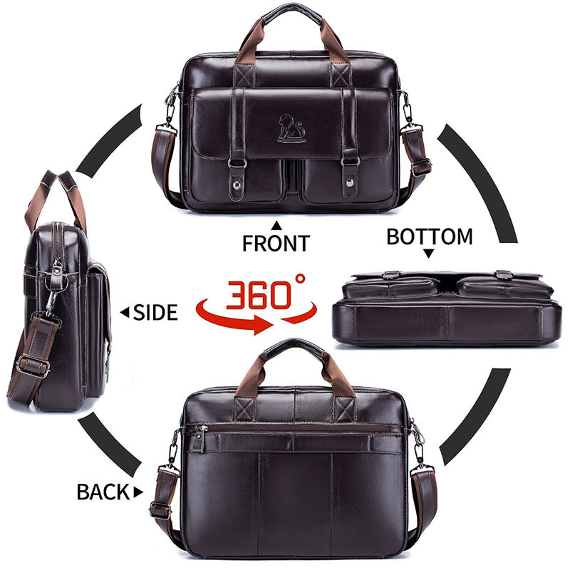Men's Leather Briefcase with Multiple Compartments and Adjustable Shoulder Strap Coffee