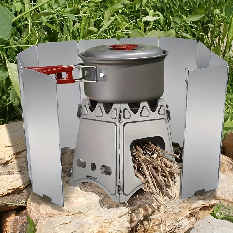 Sayohat pechka uchun portativ yig'iladigan alyuminiy qotishma shamol to'sig'i, ochiq havoda pishirish uchun metall shamol himoyasi.