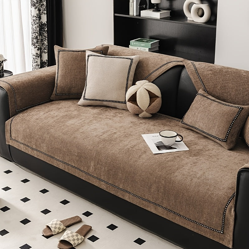 Chenille Sofa Cover with Lace Trim Non-Slip All-Season Furniture Protector Machine Washable