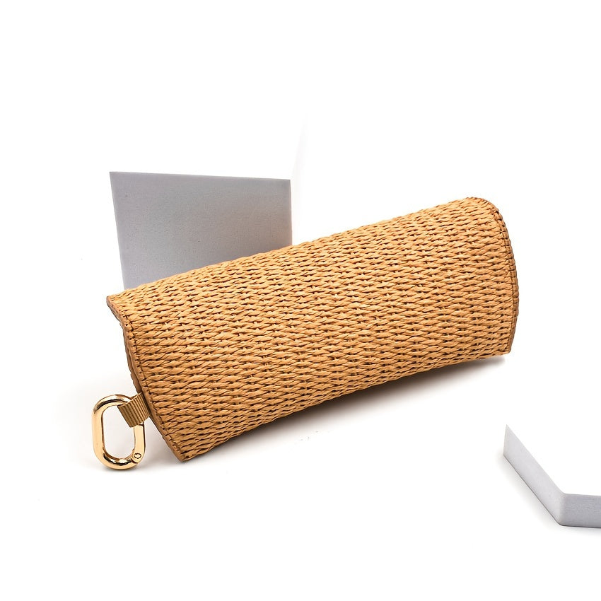 Woven Straw Eyeglass Case for Women with Protective Sleeve and Hook